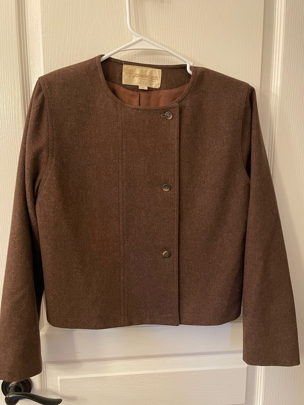 John Meyer Brown Wool-Blend Collarless Blazer